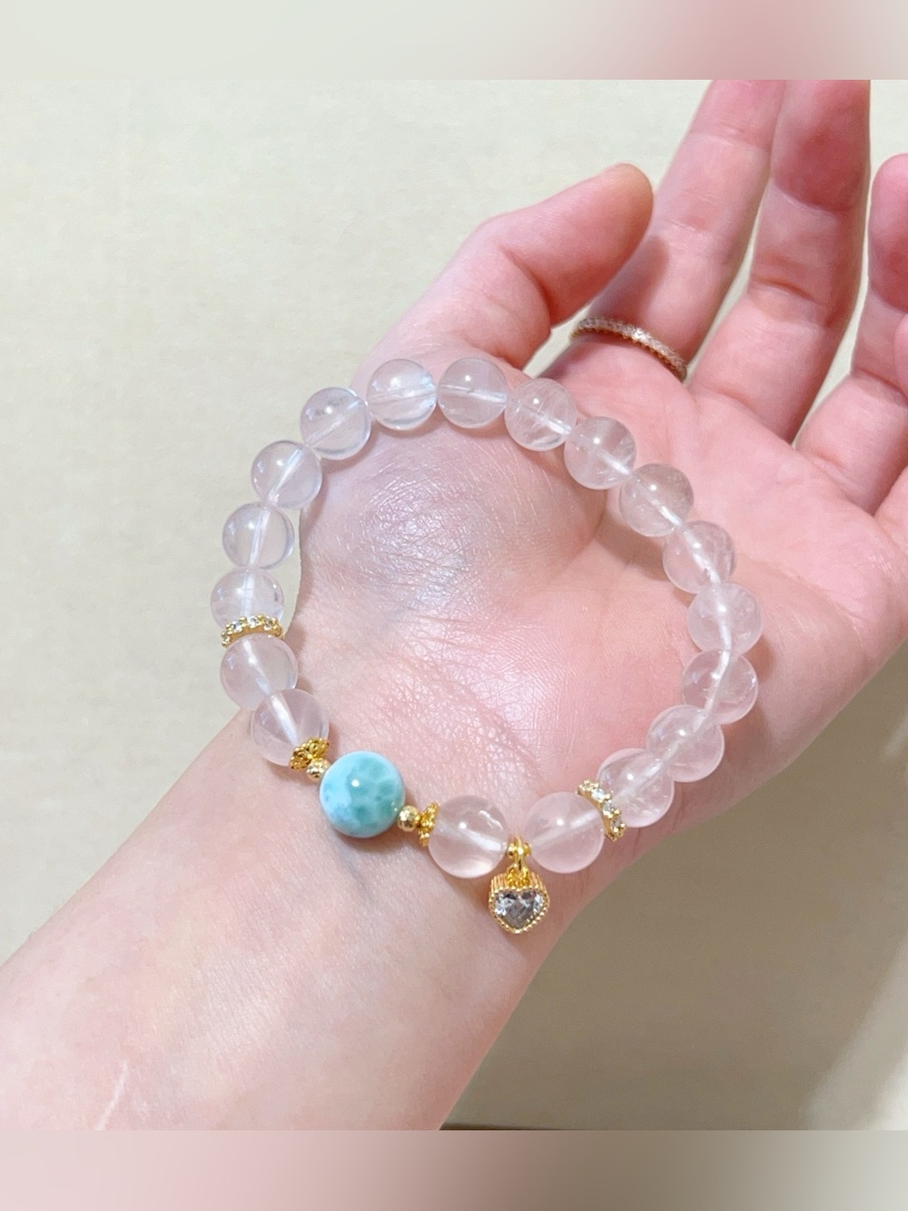 Handmade Natural Larimar & Star Rose Quartz Bracelet | 9.5mm - Picture 3 of 11